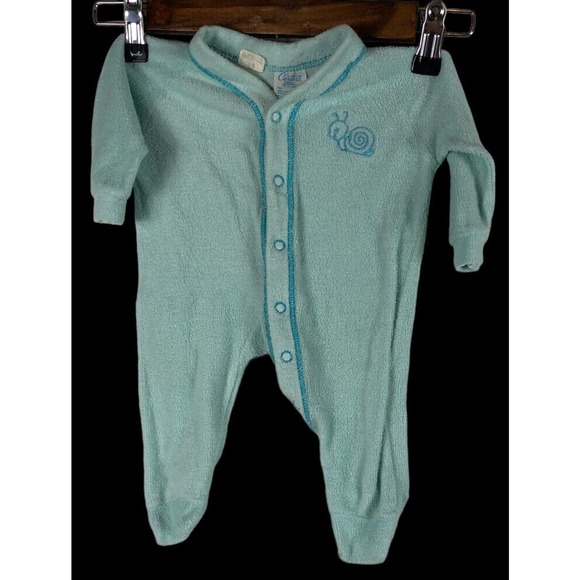 Vintage Carters PJs Pajamas 1970s Snail Embroidered Blue Boys Girls NB 0-11lbs